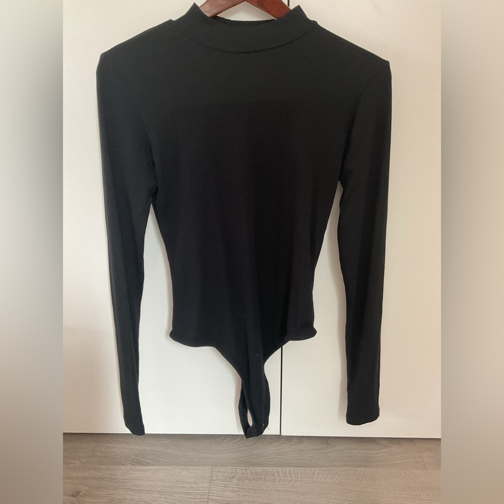 Pink Rose Black Mock Neck  Ribbed Fitted Bodysuit.